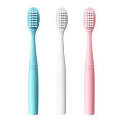Three toothbrushes in pastel colors blue white pink arranged vertically