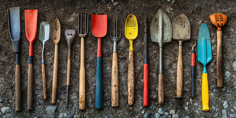 Assortment of antique gardening tools in vibrant colors, arranged neatly on the ground.