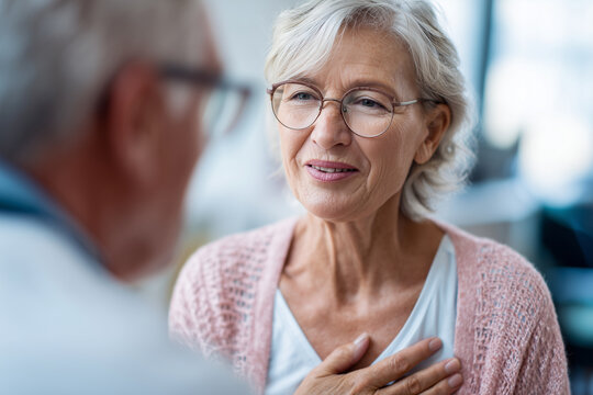 senior woman consulting doctor about chest pain, clinical scene,  realistic lighting, medical consultation