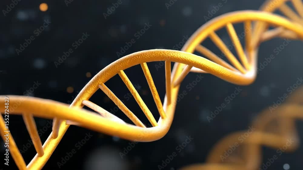 Poster close up of an orange dna helix spiraling with sparkling particles on a dark background