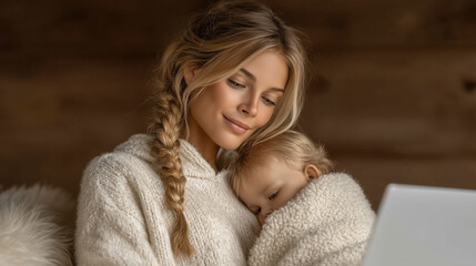 Trendy mother and infant together