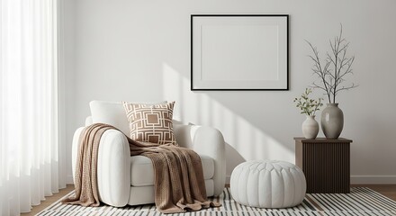 Cozy modern living room with white armchair patterned pillow knitted throw and decorative vases