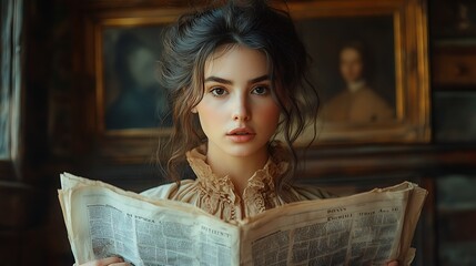 Woman in Period Clothing Reading Newspaper in Rich Wooden Interior

