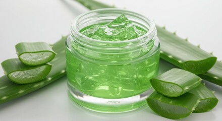 Aloe Vera Gel in Glass Jar with Fresh Slices and Leaf on White Background