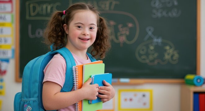 Smiling schoolgirl with down syndrome holds books and backpack in classroom setting portraying education inclusion and positive