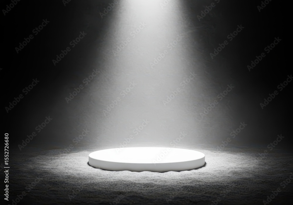 Poster illuminated white podium stage for product display in a dark studio setting