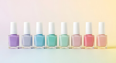 Pastel Nail Polish Bottles in a Row, Gradient Background, Beauty Concept.