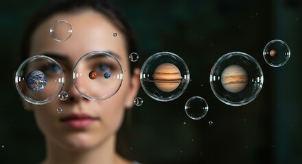 Woman looking through virtual reality or augmented reality interface with planets.