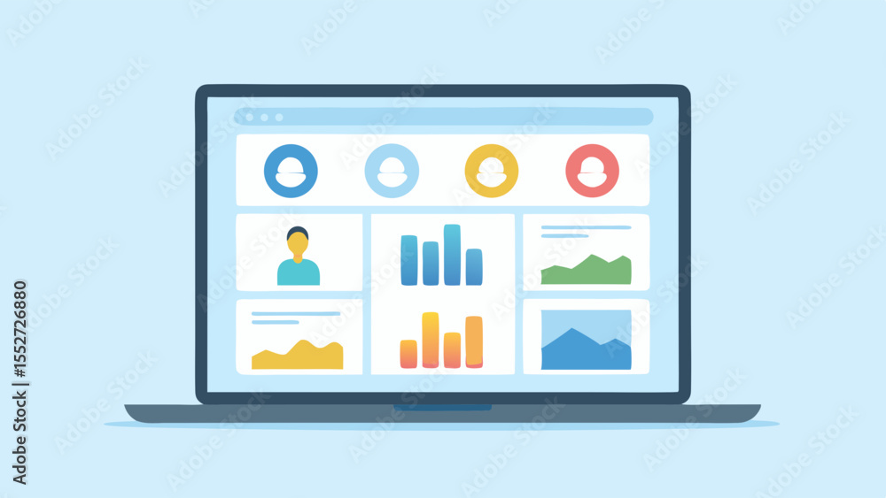 Poster laptop dashboard overview colorful charts diagrams data business presentation insights user