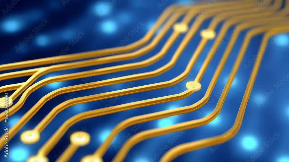 Aufkleber close-up view of intricate golden circuit patterns against a blue background with glowing dots