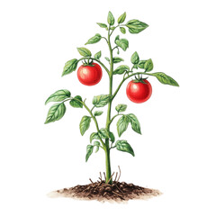 Tomato plant with red tomatoes growing in soil against a colorful striped background