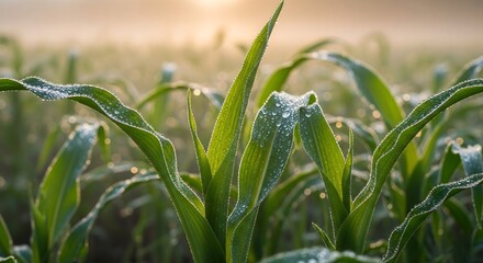 Dewy cornfield leaves illuminated by the morning sun during a beautiful sunrise