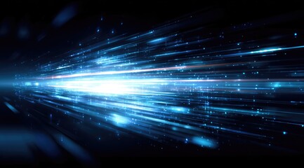 Bright blue streaks of light radiate outwards from a central white glow against a dark background, suggesting speed and energy