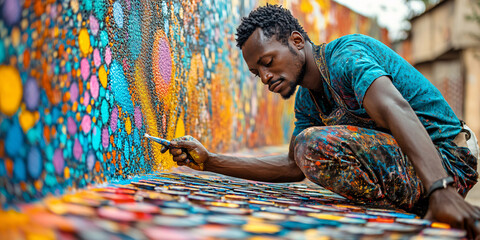 An artist paints a vibrant mural, showcasing his skill and passion.