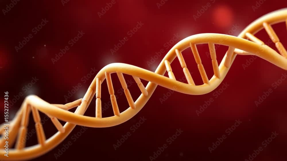 Poster close-up visualization of an orange double helix dna structure against a blurred red background