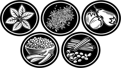 Illustration of basil, star anise, eggplants, beans and peppers, cinnamon sticks and coffee beans in circles