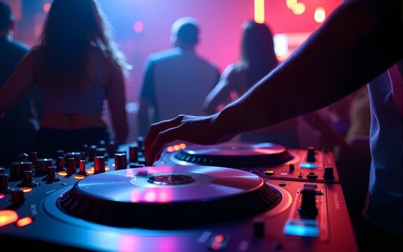 DJ plays live set and mixing music on turntable console at stage in the night club. Disc Jokey Hands on a sound mixer station at club party. DJ mixer controller panel for playing music and partying.