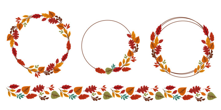 Colorful fallen leaves and berries decoration collection. Set of Autumn and thanks giving day decoration frame. Vector illustration.
