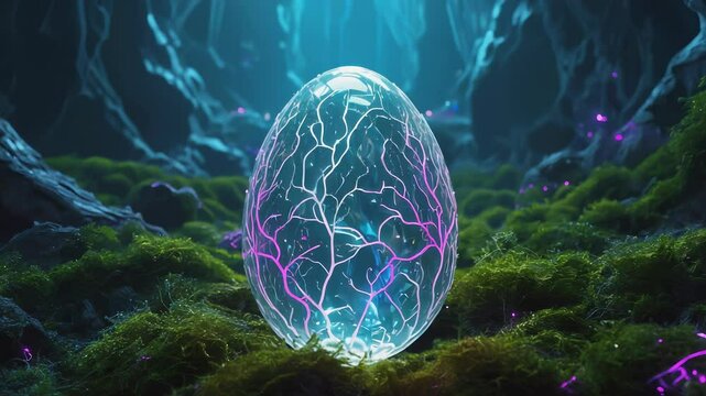 An iridescent alien egg gently twitches on a mossy glowing stone, with thin membranes revealing vague shapes inside. This discovery in a bioluminescent cave hints at extraterrestrial life