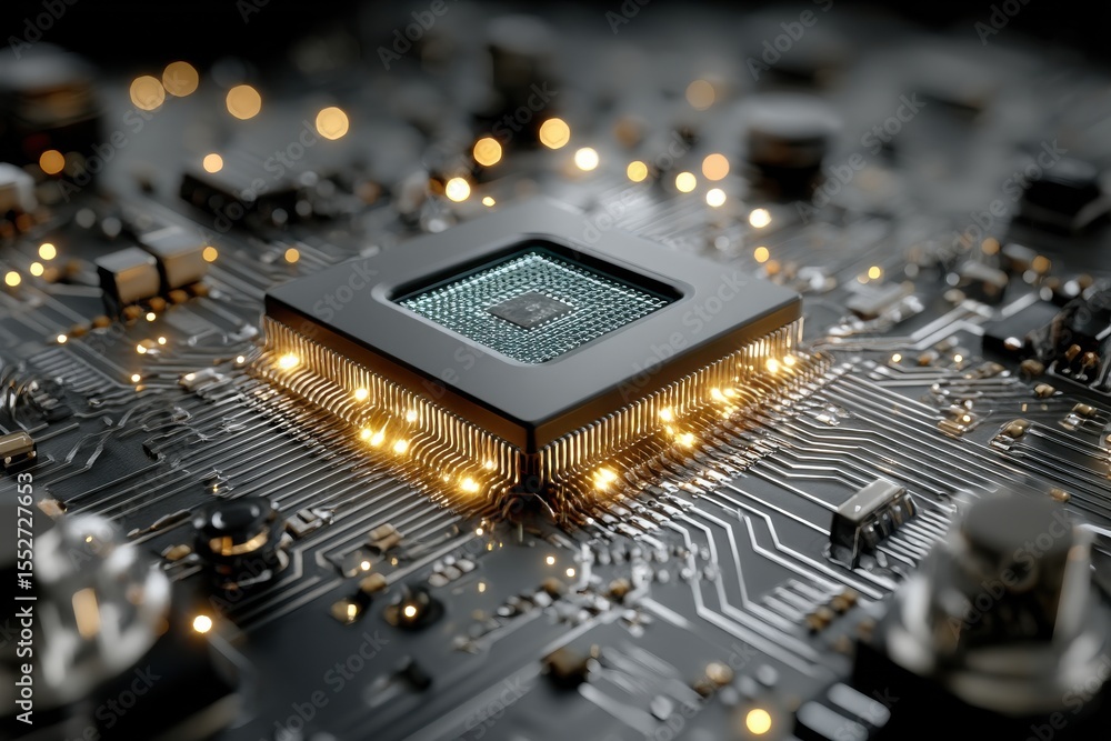 Poster close-up of a microchip on a glowing circuit board