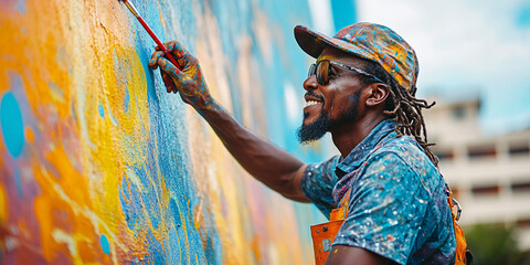 A joyful artist paints a vibrant mural, showcasing his skill and passion for street art.