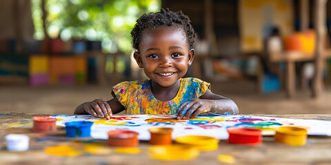 A smiling African child, covered in paint, joyfully paints on a table.