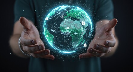 Global Cybersecurity: Hands Gently Cradle a Vibrant, Networked Earth Globe with Secure Locks