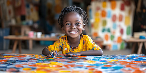 A smiling young girl, covered in paint, happily creates art.