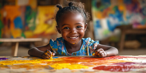 A smiling young girl paints, expressing her creativity in a vibrant art studio.