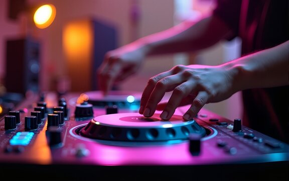 DJ Hands creating and regulating music on dj console mixer in concert outdoor. High quality