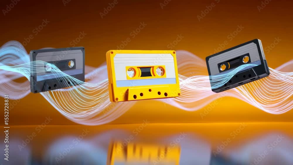 Poster colorful cassette tapes floating with digital sound waves against a warm gradient background