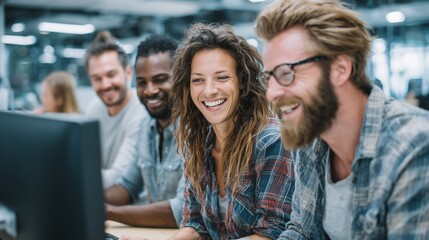 Diverse team collaborating on a modern project in a bright minimalist office, teamwork and business success concept