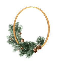 Elegant Gold Circle Frame with Pine Branches and Cones, Seasonal Hand-drawn Illustration
