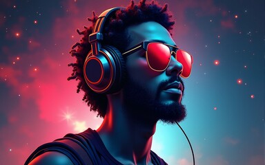 Apollo in headphones and sunglasses on a cosmic background. Concept art collage. Poster design. High quality