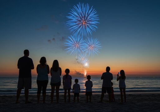 People watch fireworks on the beach during a summer celebration