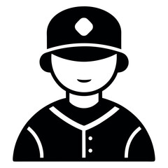 Black and White Baseball Player Icon Wearing Cap and Jersey with Two Buttons