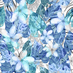 Pastel blue floral seamless tropical watercolor pattern