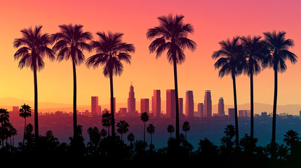 Spectacular Los Angeles Skyline Sunset with Palm Trees Silhouette