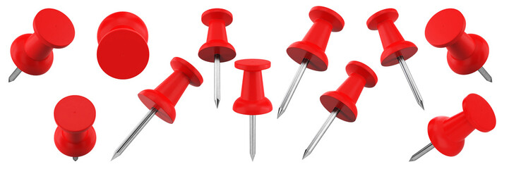 A collection of red push pins scattered in various orientations, commonly used for pinning notes or...