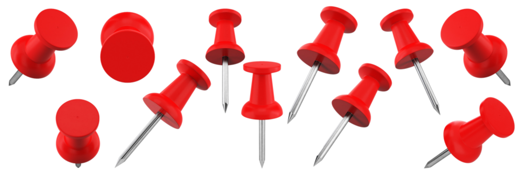 A collection of red push pins scattered in various orientations, commonly used for pinning notes or papers.