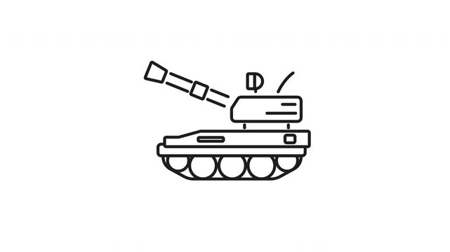 Animated military tank icon. Military tank icon self propelled howitzer firing a projectile, perfect for military themed designs, presentations. Motion graphic.