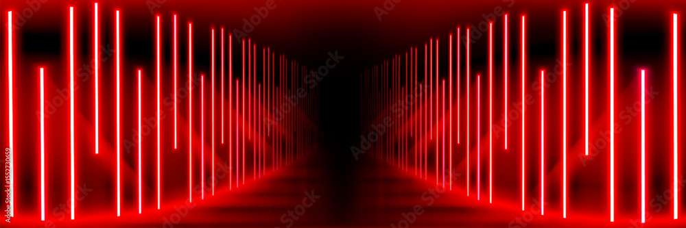 Poster abstract red neon tunnel corridor with glowing light strips in perspective - luminous pathway leadin