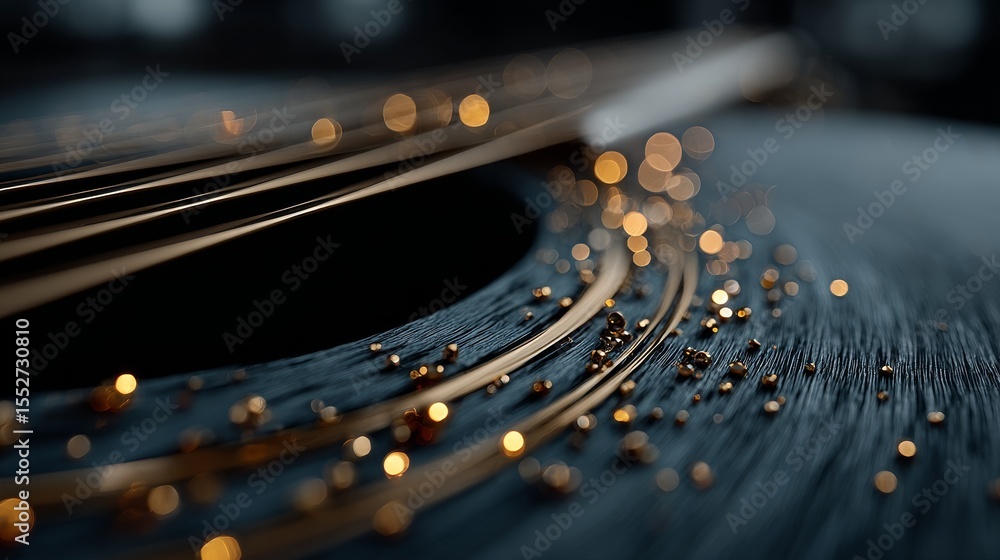 Poster stylized guitar strings with metallic lines and soft light reflections on dark textured background, 