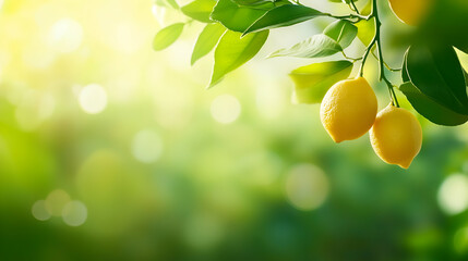 lemon tree branch with ripe lemons and green leaves in summer sunlight