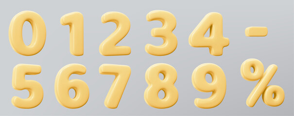 Yellow 3d numbers collection with smooth rounded edges on gray background. Inflated digits in modern volumetric style for black friday promo, discount or educational materials in minimalist design.