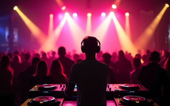 dj night club party rave with crowd in music festive. High quality