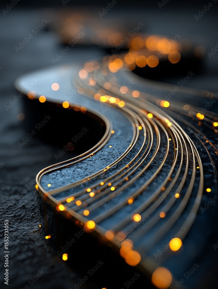Aufkleber stylized guitar strings with metallic lines and soft light reflections on dark textured background, 