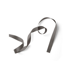 A single piece of elegant gray ribbon, curled and twisted, suitable for gift wrapping or decoration.