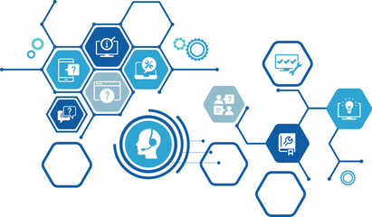 IT support vector illustration. Blue concept with icons related to IT helpdesk, hotline or helpline, remote or online tech support, technical assistance, specialist software support.