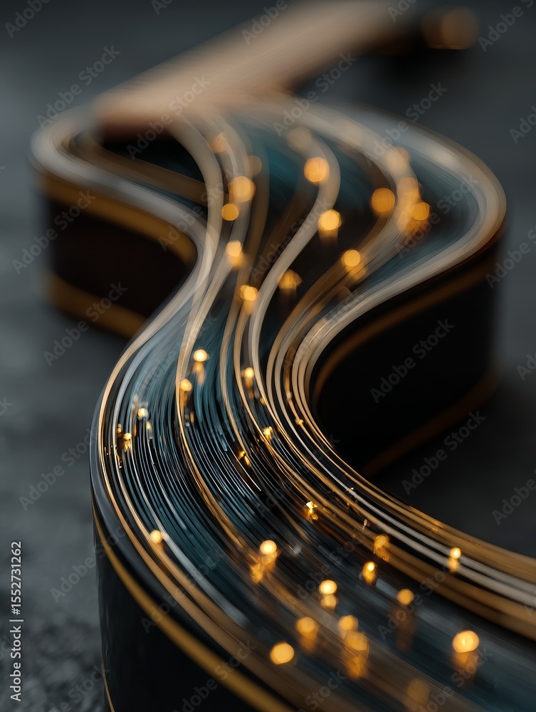 Poster stylized guitar strings with metallic lines and soft light reflections on dark textured background, 